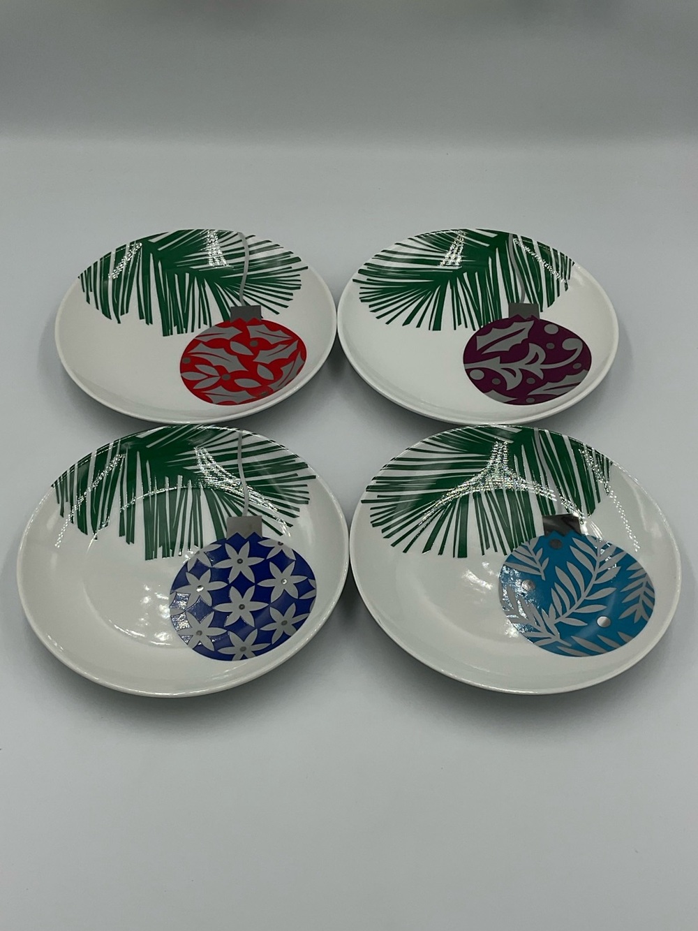 Crate & Barrel Ceramic Christmas Ornament Design Dessert Plates - Set of 4